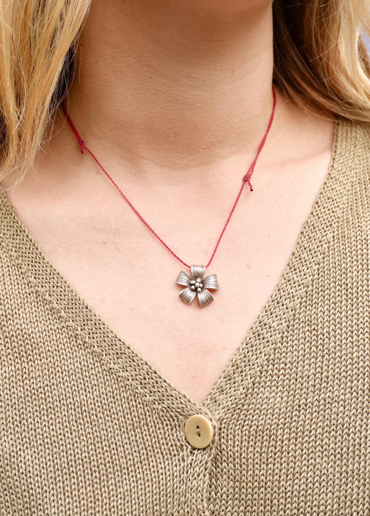 Red Cord with Silver Bloom