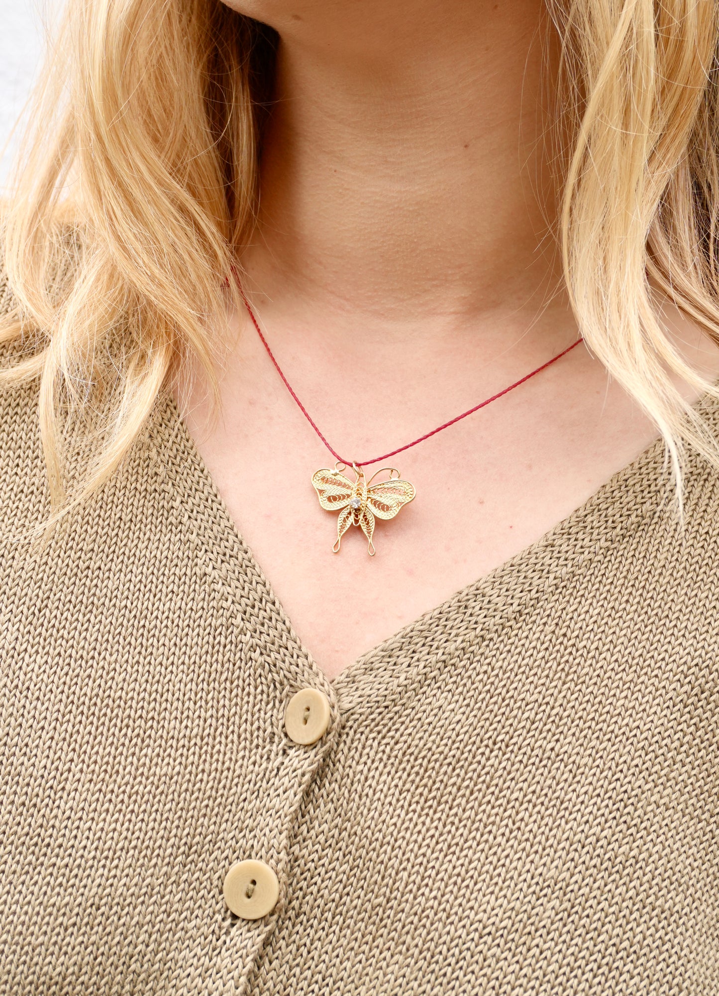 Red Cord with Filigree Butterfly Charm