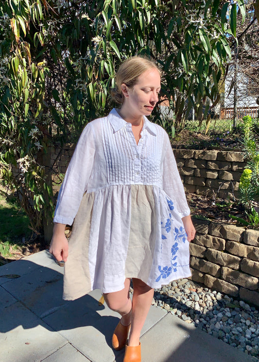 Mini Pintuck Linen Shirtdress with Blue Embroidery (S/L)