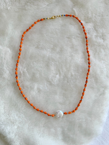 Reclaim Collection: Coin Pearl with Delicate Orange Beads on Periwinkle Silk