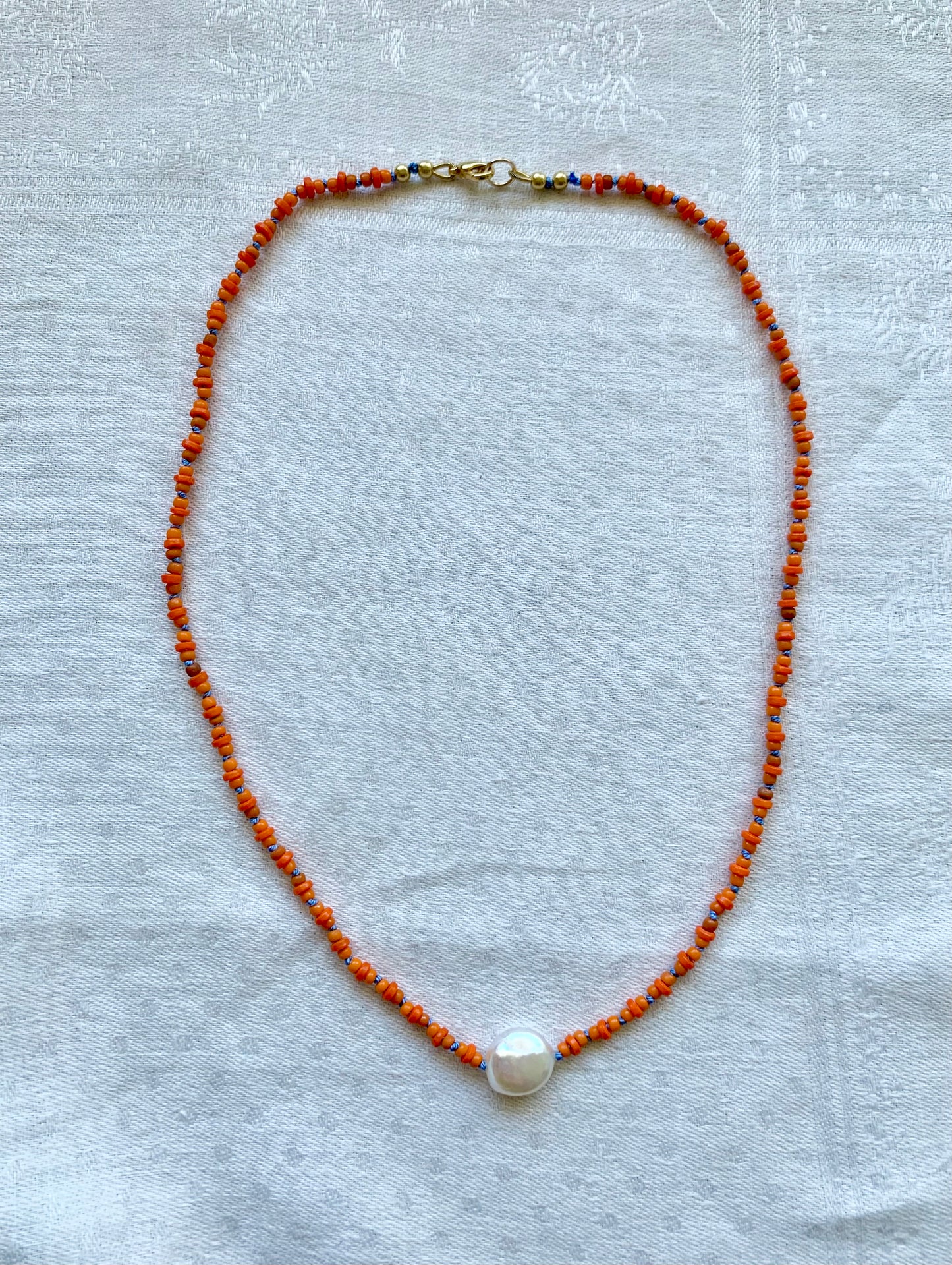 Reclaim Collection: Coin Pearl with Delicate Orange Beads on Periwinkle Silk