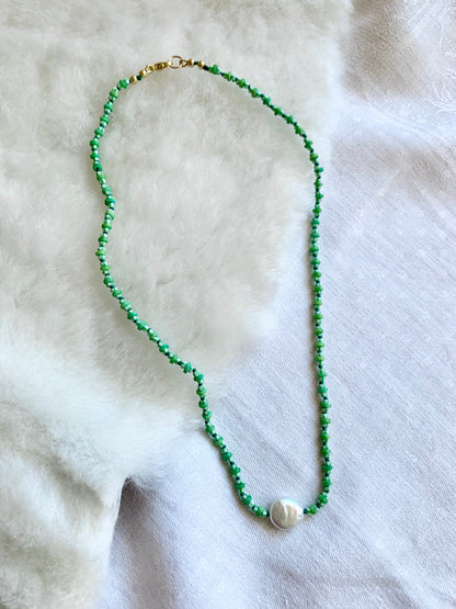 Reclaim Collection: Coin Pearl with Delicate Green Beads on Dark Green Silk