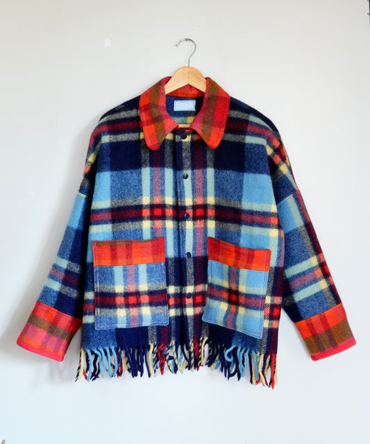 Fringe Plaid Wool Coat (L/XL)