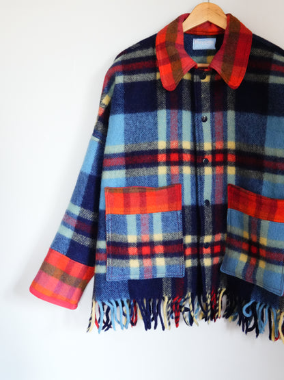Fringe Plaid Wool Coat (L/XL)