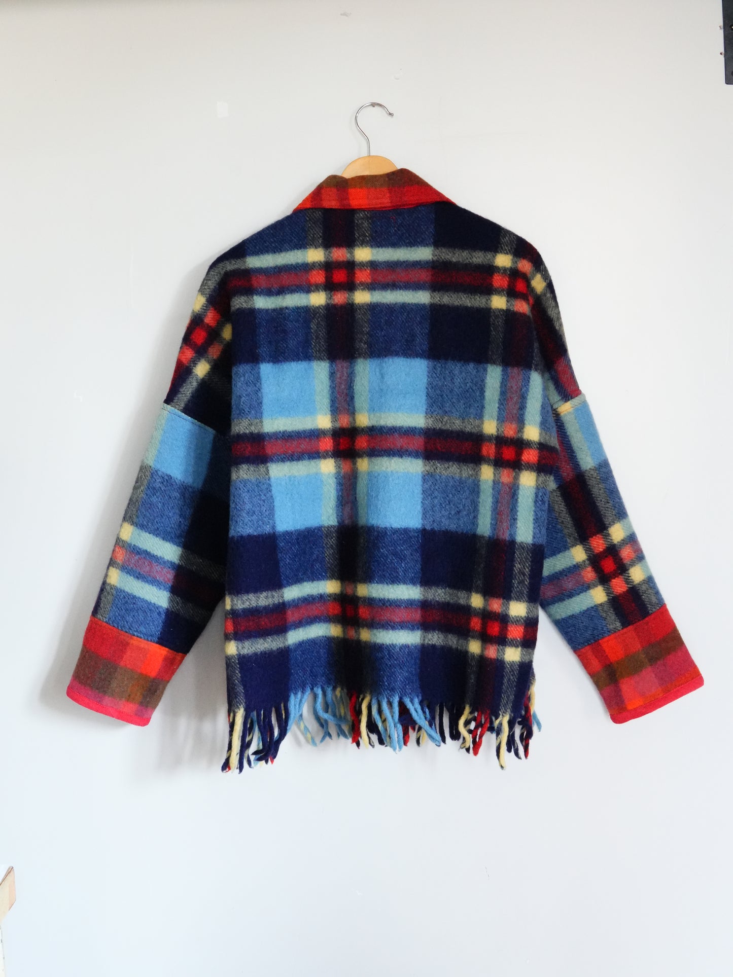 Fringe Plaid Wool Coat (L/XL)