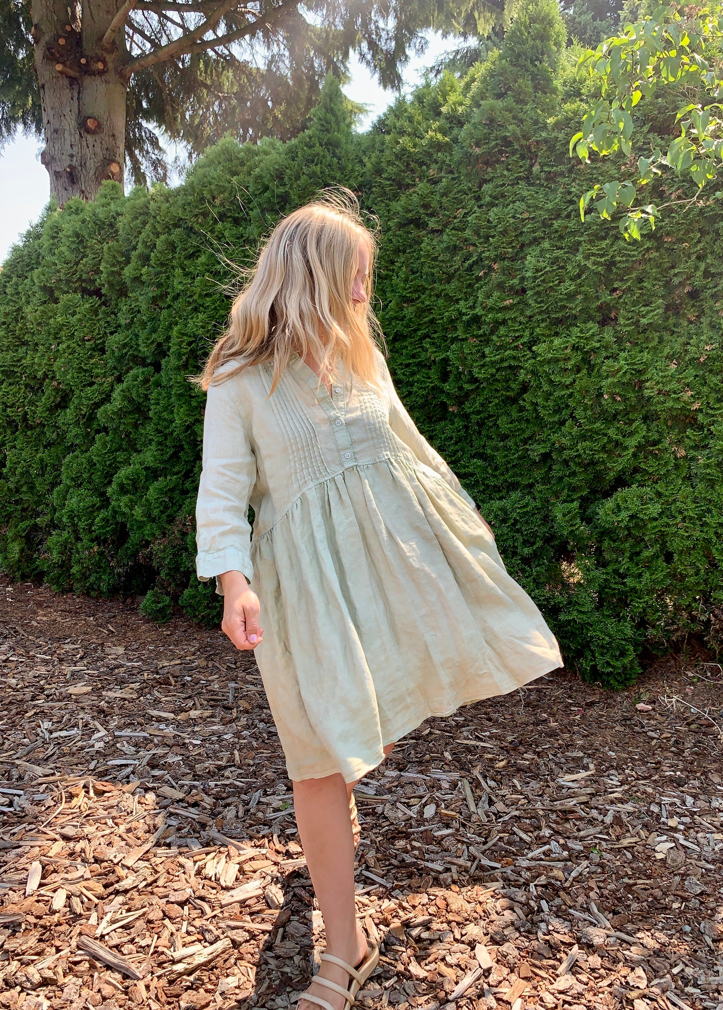 Linen Reworked Shirt Dress in Sage (M/XL)