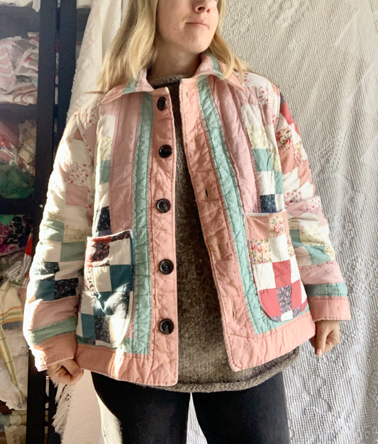 Wool Quilt Pink Tie Quilt Coat (S/M)